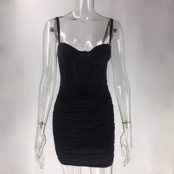 NWT (S) Black Dress Push Up Bustier Boned Corset Sheer Tank Mini Bodycon Dress - Picture 5 of 7